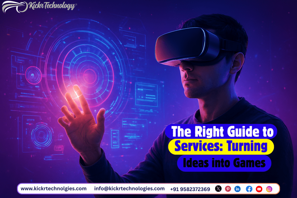 A man wearing a VR headset interacting with a futuristic holographic interface, representing Kickr Technology’s guide to turning ideas into immersive game development services