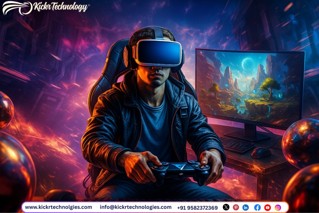 Immersive VR gamer with headset and controller in futuristic gaming environment – Kickr Technology
