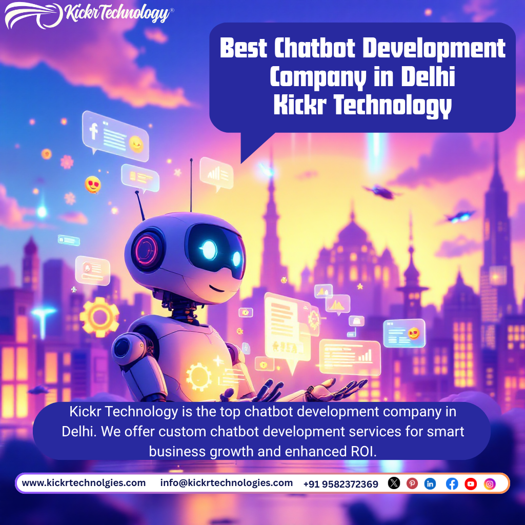 A sleek white-and-black robot with large blue glowing eyes stands before a neon-lit cityscape of modern skyscrapers. Floating digital icons include gears, analytics charts, and chat interfaces. A dark blue speech bubble states Best Chatbot Development Company in Delhi for Smart Business Growth. Below the robot, a banner reads Kickr Technology is the top chatbot development company in Delhi offering custom chatbot development services for business growth and ROI. The background features deep purple and blue tones with starry accents.