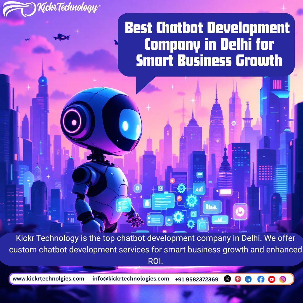 A friendly white robot with blue glowing eyes and pink accents stands against a sunset cityscape featuring Delhi landmarks like Qutub Minar and Red Fort. Floating chat bubbles display social media icons, emojis, and data charts. A dark blue speech bubble states Best Chatbot Development Company in Delhi Kickr Technology. Below the robot, a banner reads Kickr Technology is the top chatbot development company in Delhi offering custom chatbot development services for business growth and ROI. The background blends purple, pink, and orange hues with stylized clouds.