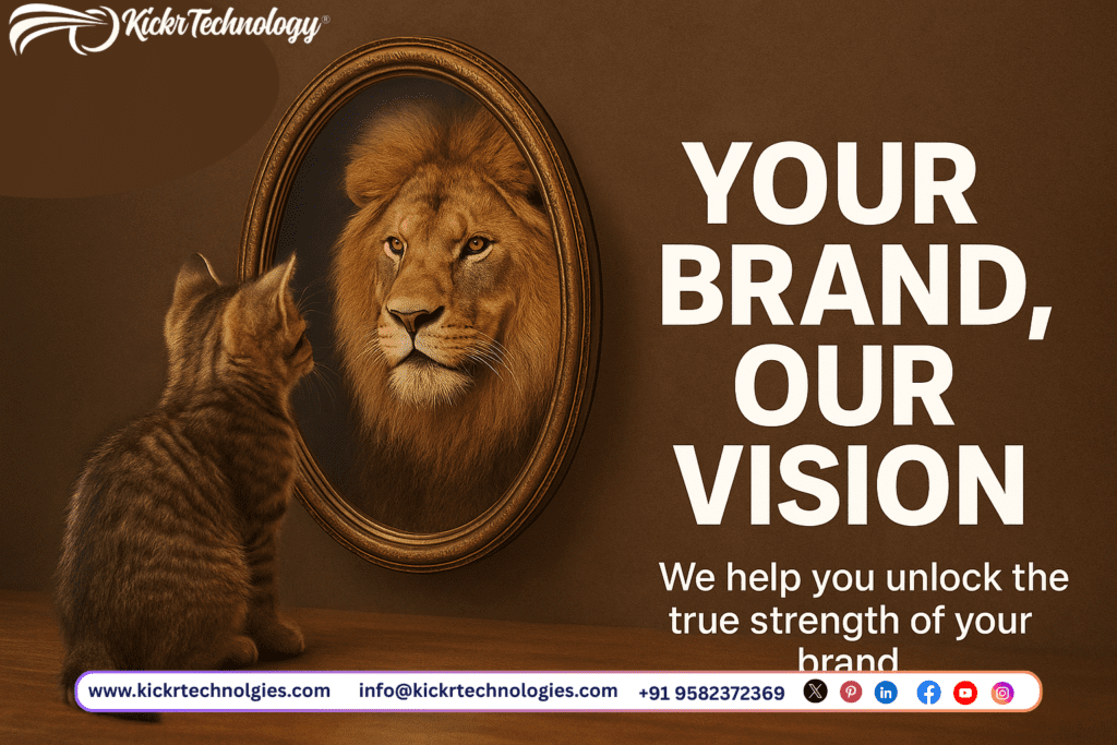 Kitten seeing a lion reflection in a mirror symbolizing brand growth with Kickr Technology, a leading marketing company in Delhi