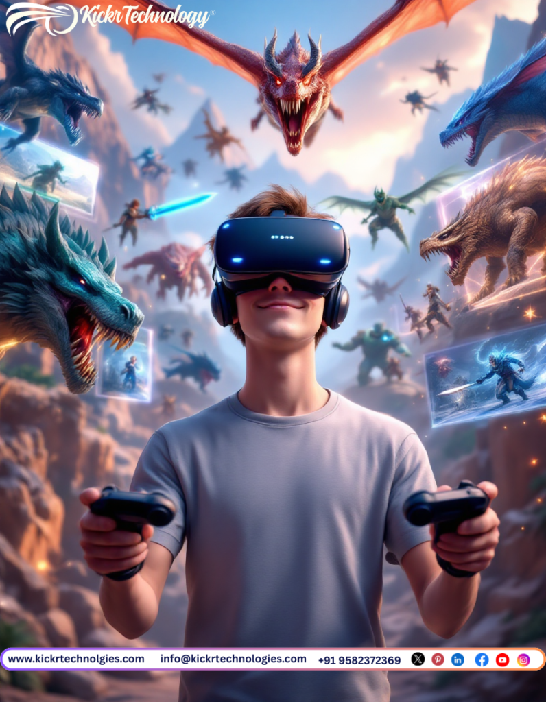 Young gamer wearing VR headset and holding controllers surrounded by fierce dragons and fantasy warriors in a dynamic 3D game development environment, showcasing immersive virtual reality gameplay.