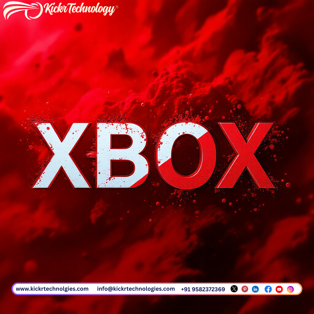 Bold white and red XBOX Series x typography with a dynamic red explosion background, representing gaming energy and Kickr Technology’s creative edge.