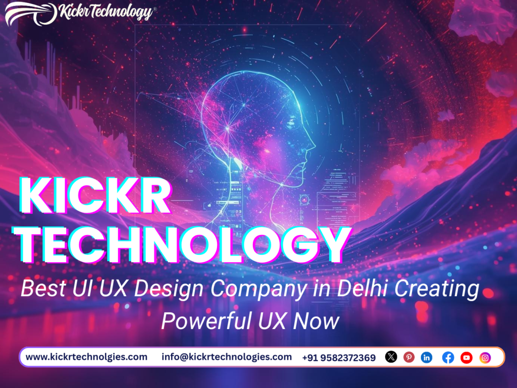 Kickr Technology ui ux design in Delhi—futuristic AI head visual with user-first, conversion-focused product interfaces.