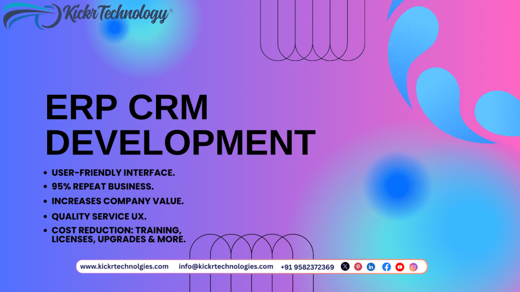 Kickr Technology ERP CRM development poster featuring a bold purple‑pink‑blue gradient and abstract design, showing business benefits like repeat business, quality UX, and cost efficiency.