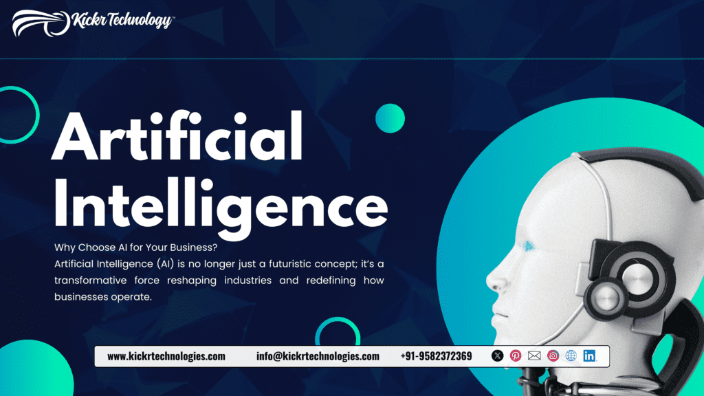 3D futuristic robot head beside bold text Artificial Intelligence on a digital background, representing Kickr Technology’s innovative AI development and automation services in Delhi.