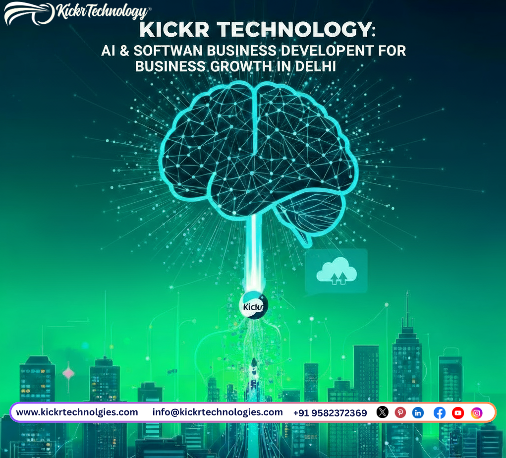 A stylized blue wireframe brain composed of connected nodes and glowing particles, positioned above a rising beam of light that flows into a circular Kickr logo. Behind it, a green gradient backdrop features a Delhi cityscape silhouette and floating tech icons including a cloud upload symbol. Text reads: “KICKR TECHNOLOGY: AI & SOFTWARE BUSINESS DEVELOPMENT FOR BUSINESS GROWTH IN DELHI
