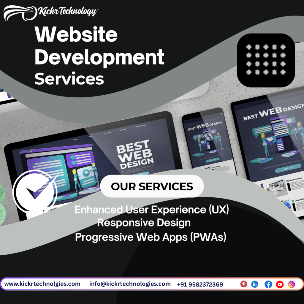 Digital banner showing multiple responsive device mock‑ups with text Best Web Design – Website Development Services by Kickr Technology, promoting enhanced UX, responsive design, and progressive web apps in Delhi.